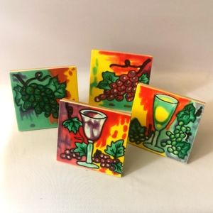 Set of Four Ceramic Pottery Tiles, Wine & Grape Motif, Vibrant, Hanging or Stand